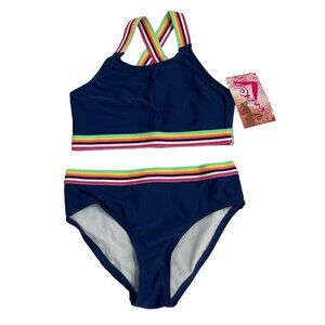 Kanu Surf Bikini Girls 12 Blue Rainbow Striped‎ Trim Swimsuit Beach Vacation
